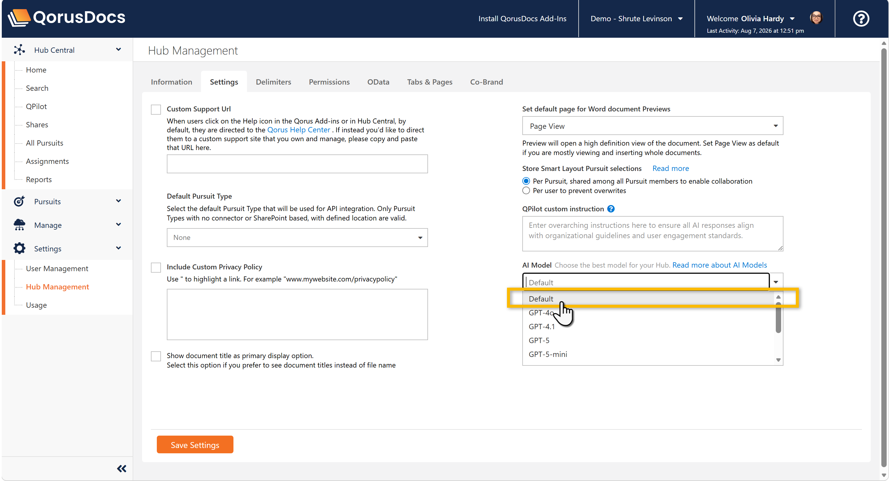 Default AI Model option in Hub Settings.png